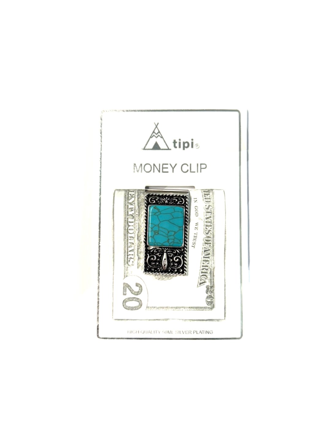 Western Etched Turquoise Stone Cut Out Money Clip