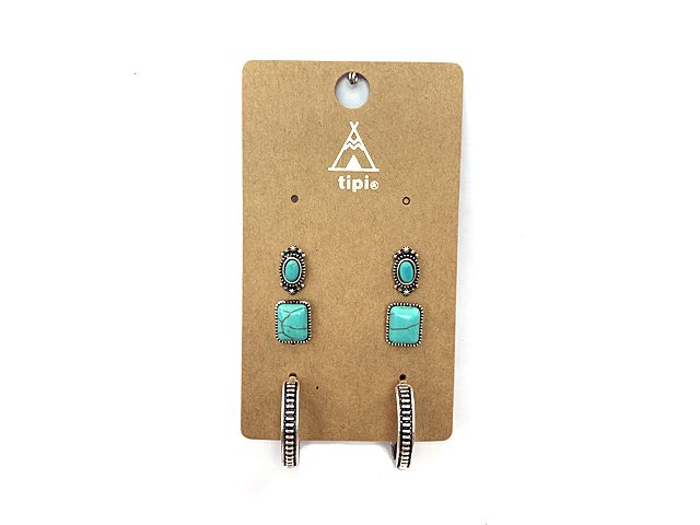 Western 3 Pair Turquoise Hoop Earring Set