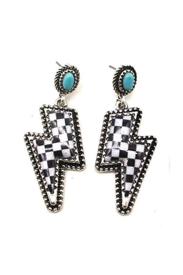 CHECKER THUNDER BOLT DANGLE EARRINGS