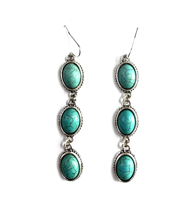 Western Oval Turquoise Stone 3 Dangle Earring