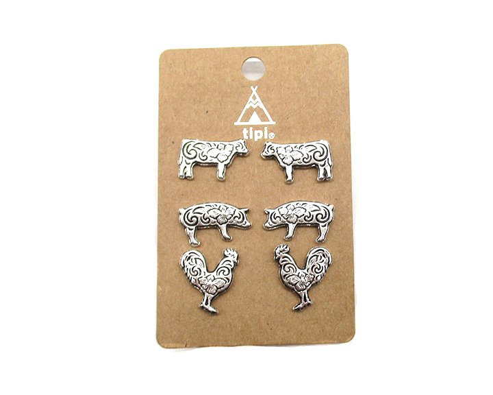 Western Etched Farm Animal 3 Pair Earring Set