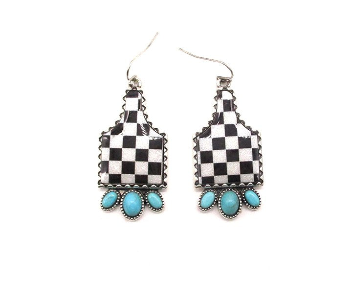 Western Checker Cattle Tag Dangle Earring