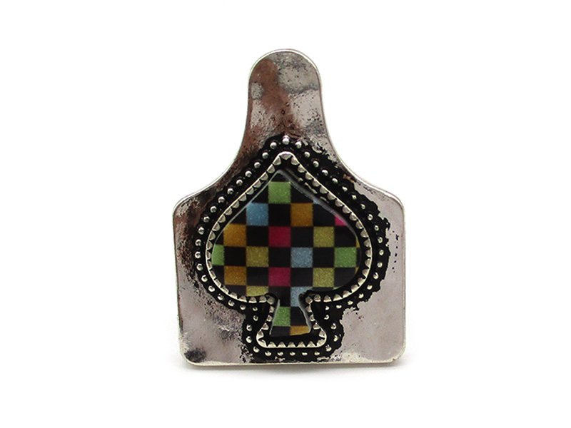 Rainbow Checkered Spade Cattle Tag Cuff Ring