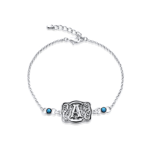 Sterling Silver Western Belt Buckle Initial Bracelet with Genuine Kingman Turquoise