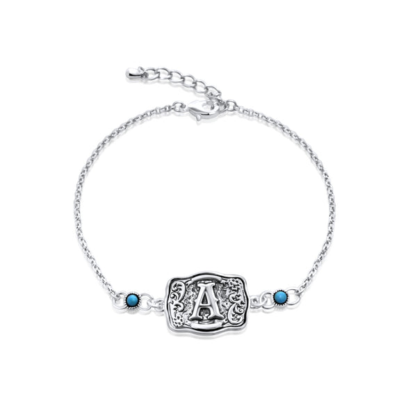 Sterling Silver Western Belt Buckle Initial Bracelet with Genuine Kingman Turquoise