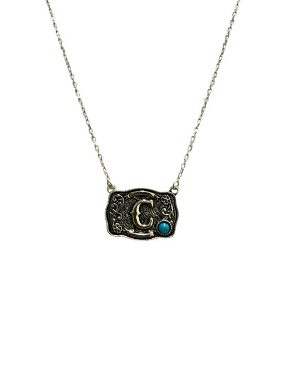 925 Sterling Silver Belt Buckle Initial Necklace