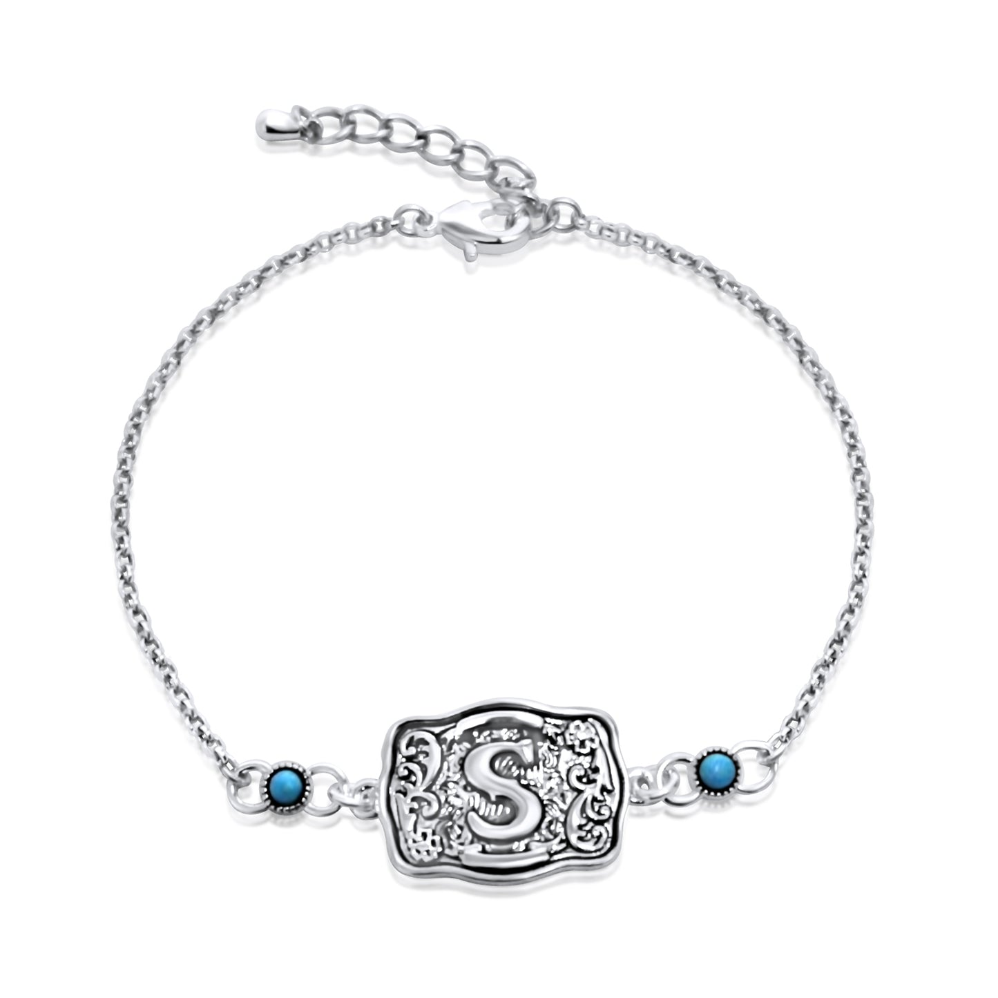 Sterling Silver Western Belt Buckle Initial Bracelet with Genuine Kingman Turquoise