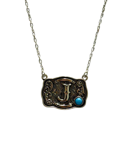 925 Sterling Silver Belt Buckle Initial Necklace