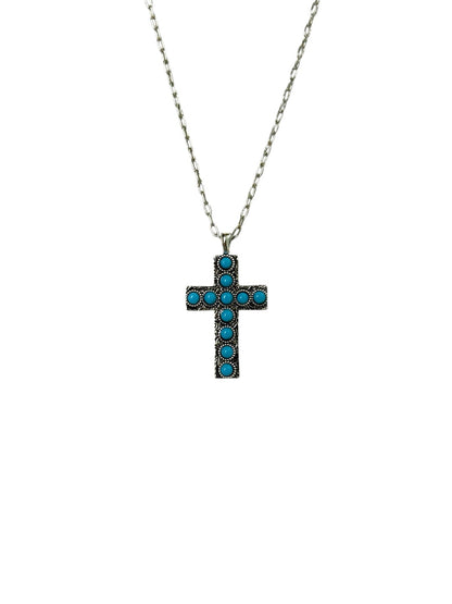 Western Sterling Silver Plated Cross Necklace with Genuine Kingman Turquoise
