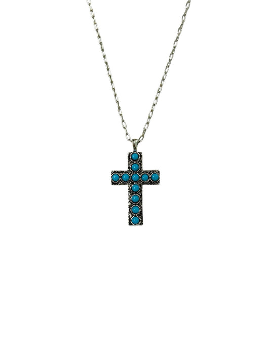 Western Sterling Silver Plated Cross Necklace with Genuine Kingman Turquoise