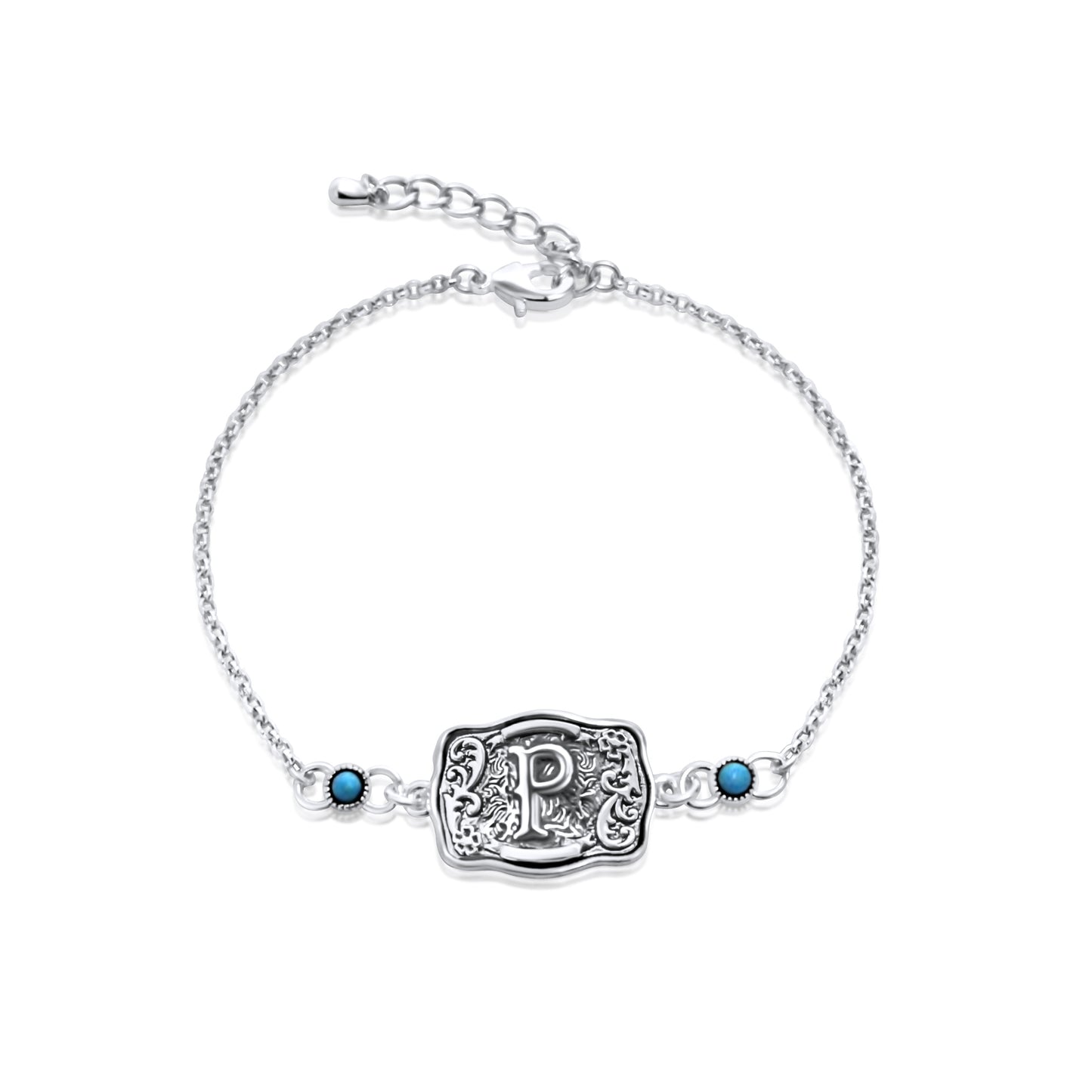 Sterling Silver Western Belt Buckle Initial Bracelet with Genuine Kingman Turquoise