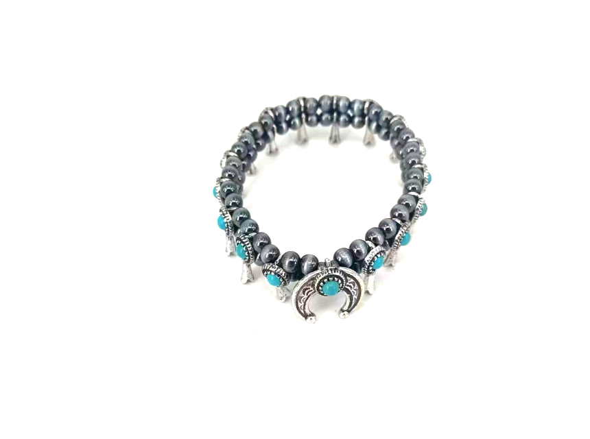Western Mini Squash Blossom Navajo Bead Stretch Bracelet