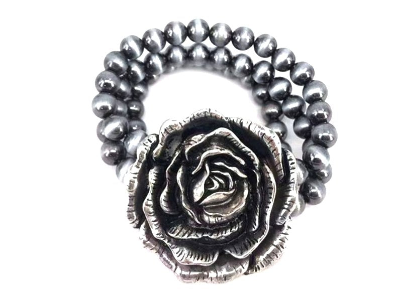Western 3D Rose 3 Layered Navajo Pearl Stretch Bracelet
