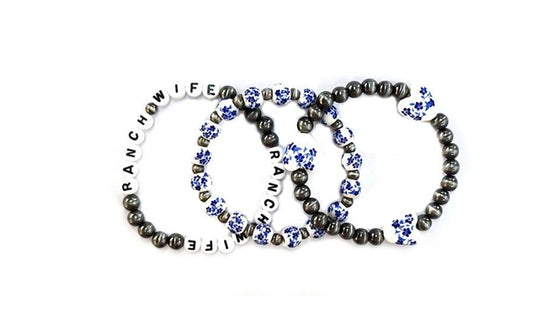 Western Ranch Wife 3 Strand Pearl and Ceramic Stretch Bracelet