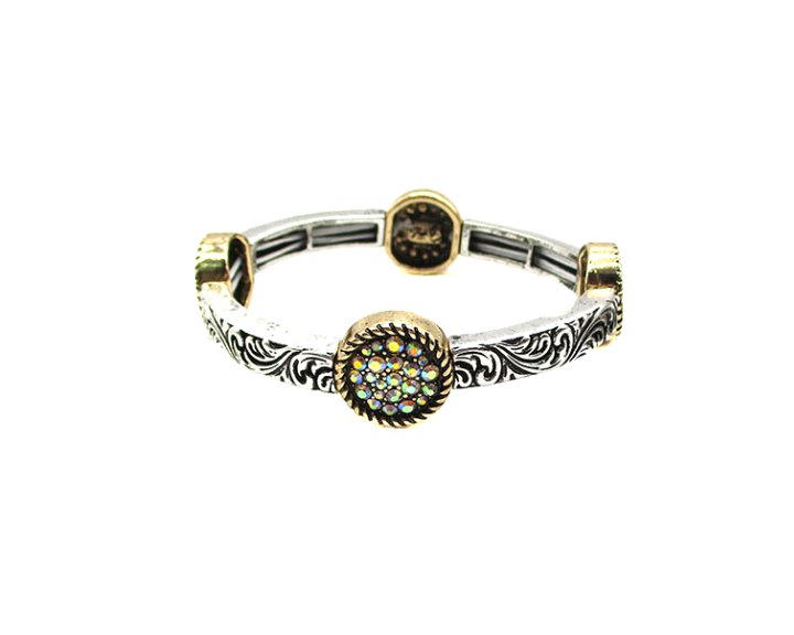 Western Round AB Stone Engraved Stretch Bracelet