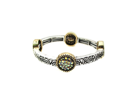 Western Round AB Stone Engraved Stretch Bracelet