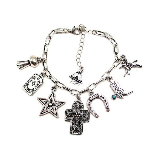 Western Etched Cross Charm Chain Bracelet