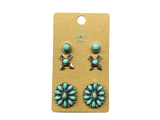 Western 3 Pair Turquoise Earring Set