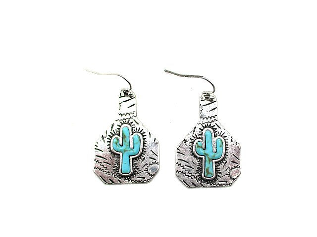 Western Cattle Tag Cactus Stone Earring