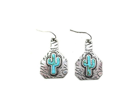 Western Cattle Tag Cactus Stone Earring
