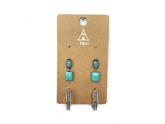 Western 3 Pair Turquoise Hoop Earring Set