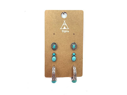 Western 3 Pair Turquoise Hoop Earring Set
