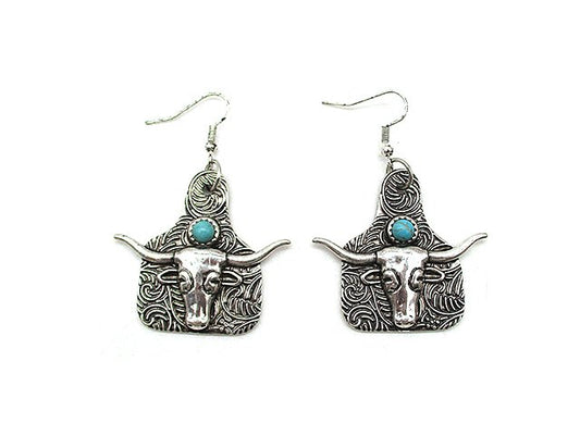 Western Steer Head Cattle Tag Dangle Earring