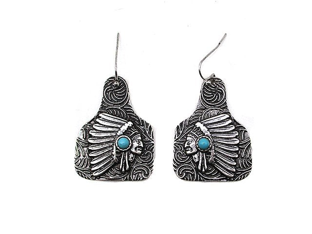 Western Indian Chief Cattle Tag Earring