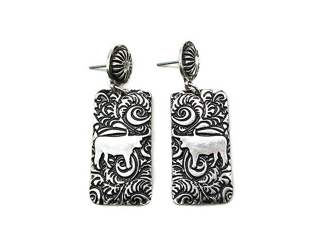 Western Etched Cow Earring