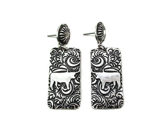 Western Etched Cow Earring