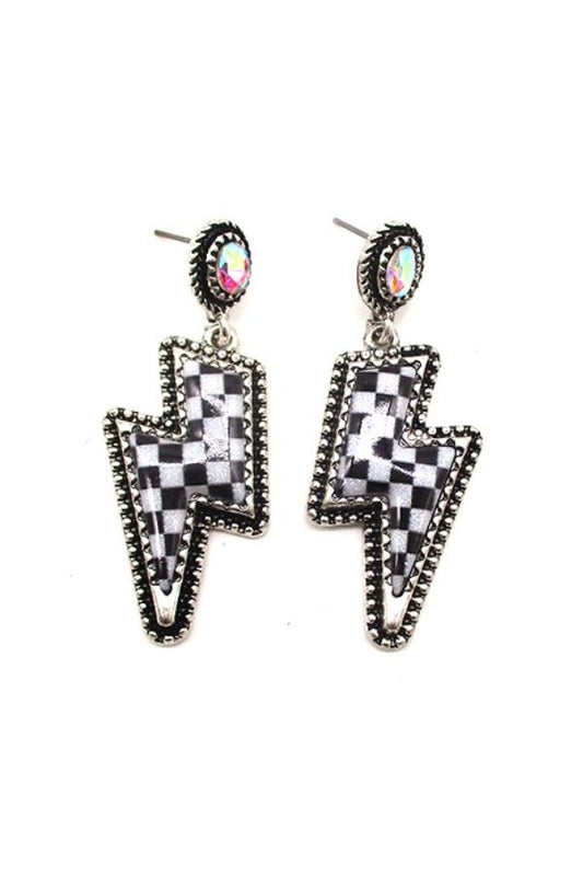 CHECKER THUNDER BOLT DANGLE EARRINGS