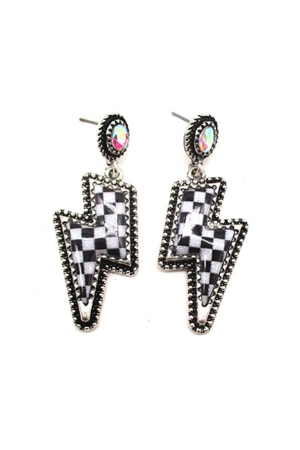 CHECKER THUNDER BOLT DANGLE EARRINGS