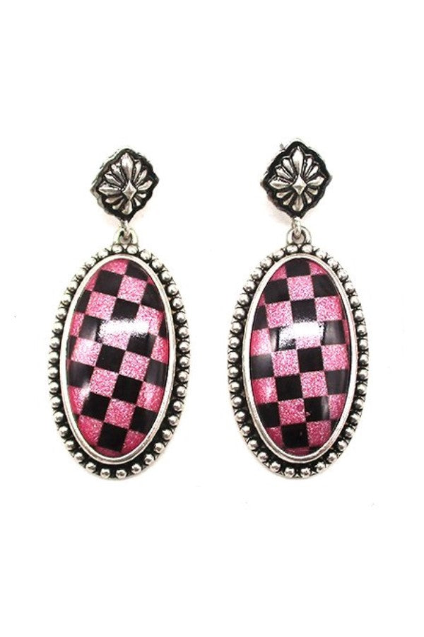 WESTERN OVAL CHECKER DANGLE EARRINGS