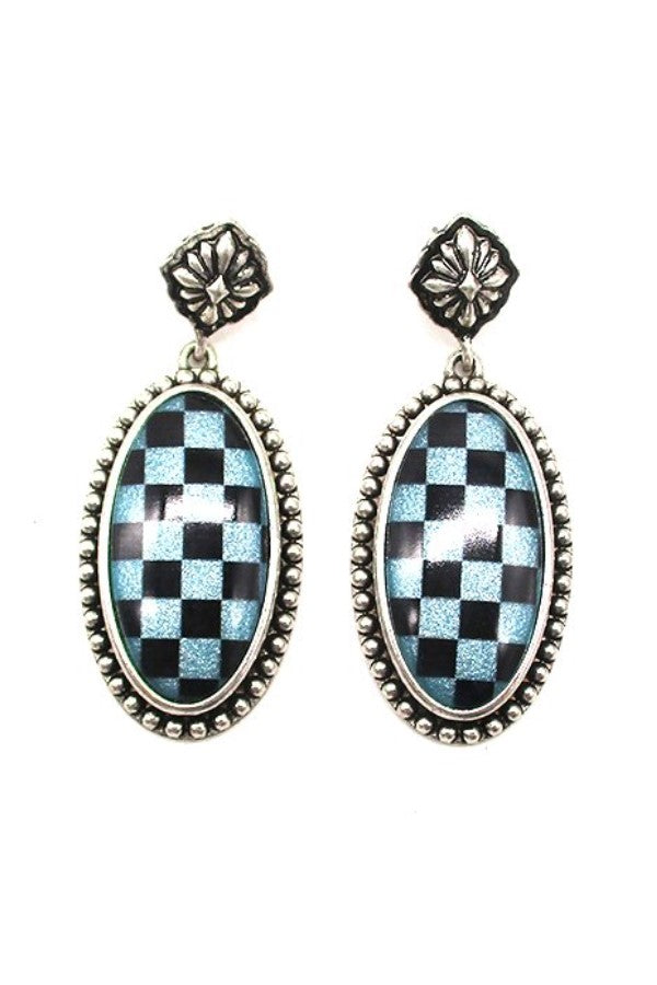 WESTERN OVAL CHECKER DANGLE EARRINGS