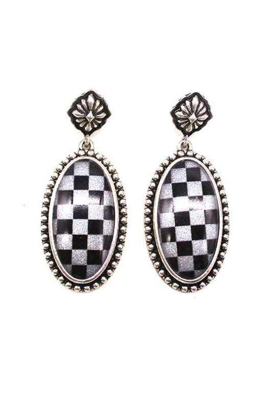 WESTERN OVAL CHECKER DANGLE EARRINGS
