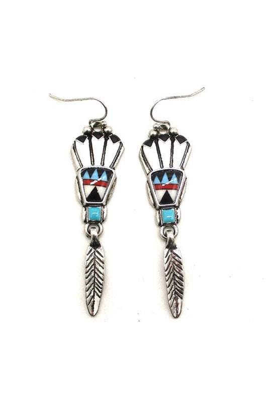 Western Native American Headdress Feather Dangle Earrings