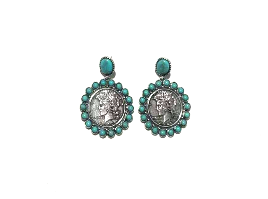WESTERN V NICKLE COIN TURQUOISE EARRINGS