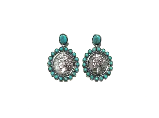 WESTERN V NICKLE COIN TURQUOISE EARRINGS