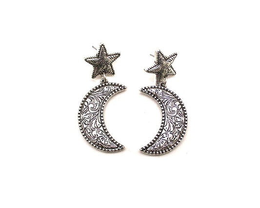 WESTERN MOON ENGRAVED DANGLE EARRINGS