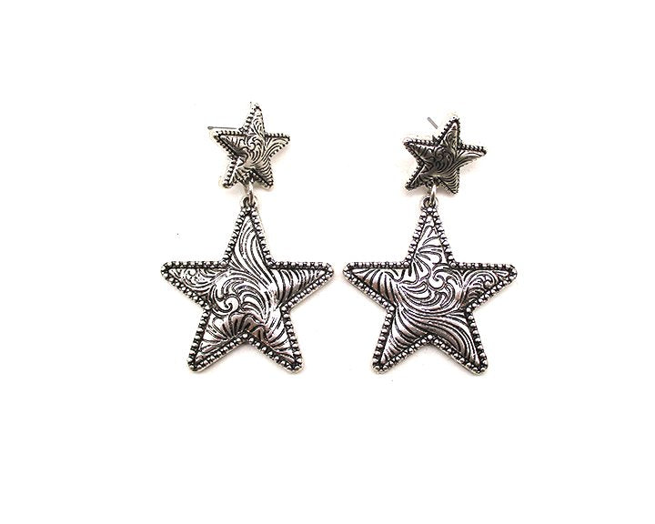 WESTERN STAR ENGRAVED DANGLE EARRINGS