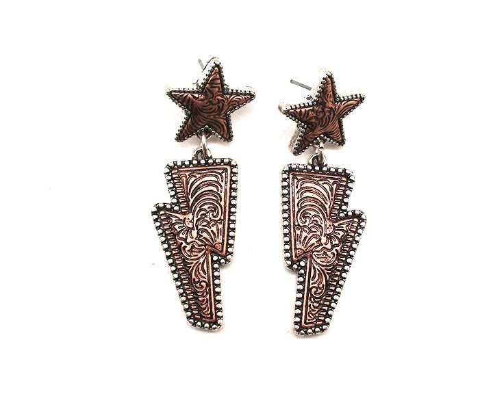 WESTERN THUNDER BOLT ENGRAVED DANGLE EARRINGS