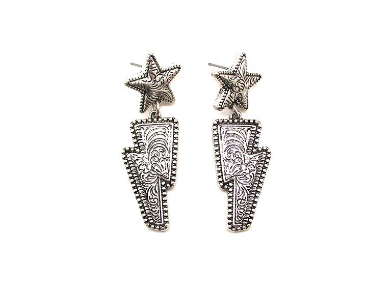WESTERN THUNDER BOLT ENGRAVED DANGLE EARRINGS