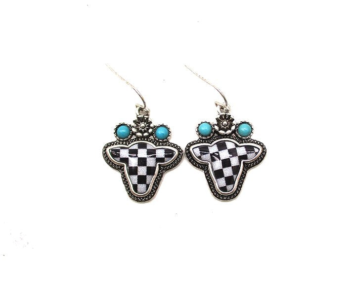 WESTERN CHECKER COWHEAD EARRINGS