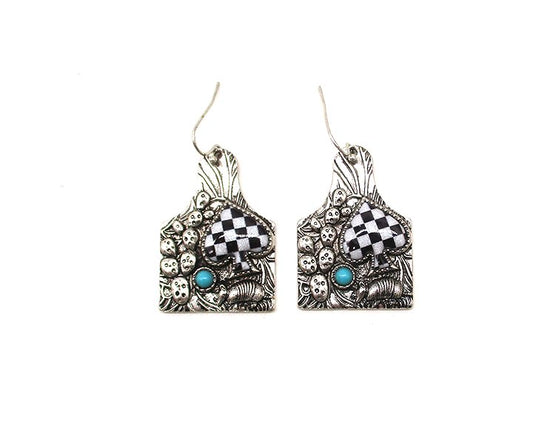 WESTERN CATTLE TAG ARMADILLO SPADE CHECKER EARRINGS