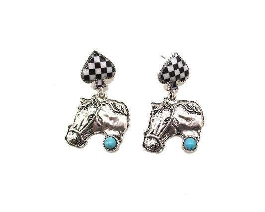 WESTERN HORSE HEAD CHECKER EARRINGS