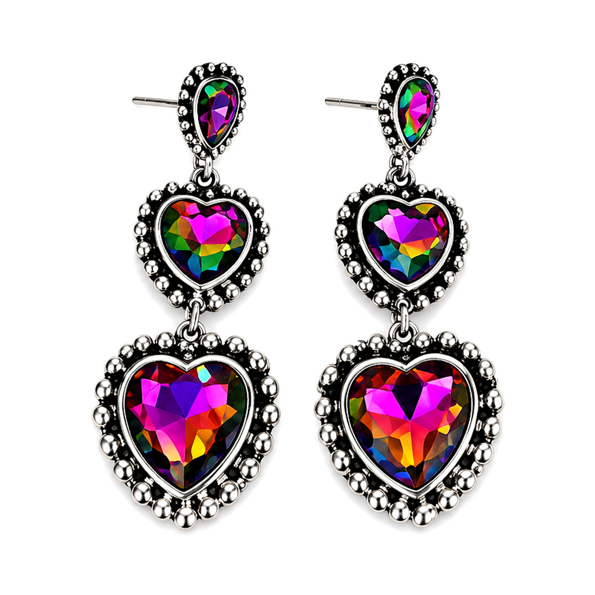 Western 3 Heart Dangle Crystal Earrings