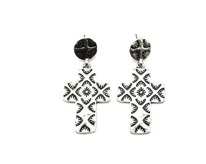 Western Etched Cross Dangle Earring