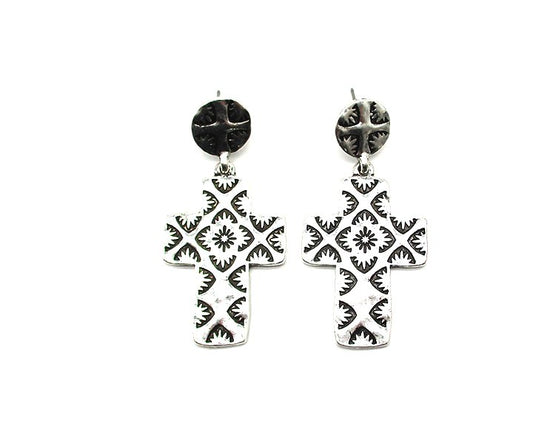 Western Etched Cross Dangle Earring