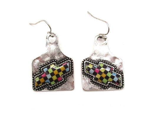 Rainbow Checkered Cross Cattle Tag Dangle Earring