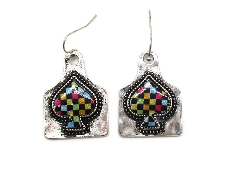 Rainbow Checkered Spade Cattle Tag Dangle Earring